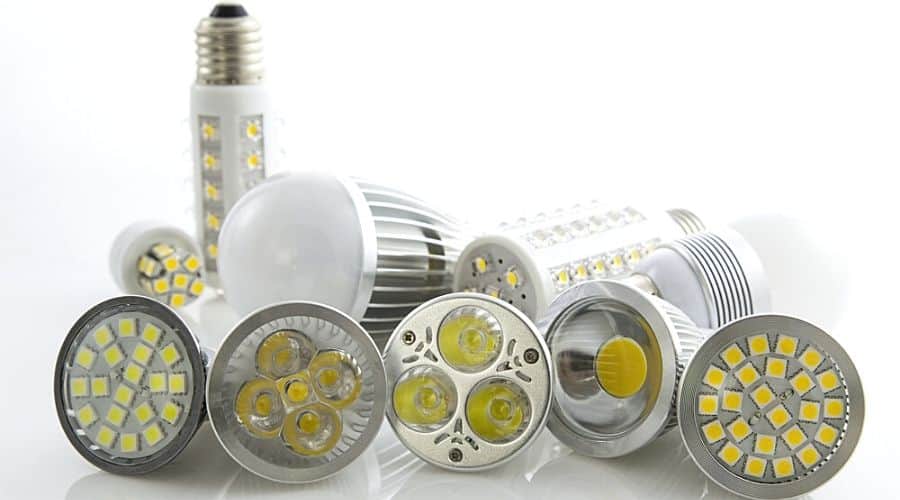 An assortment of LED bulbs on a white background