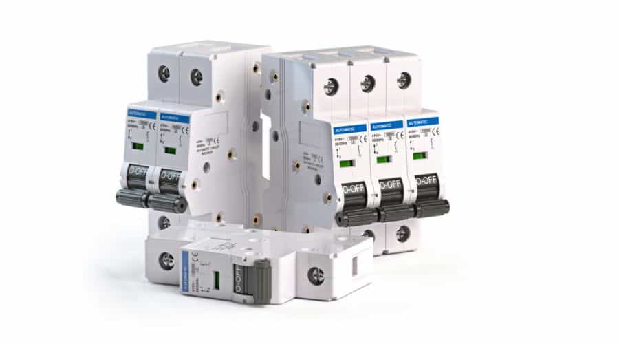 Electric automatic circuit breakers isolated against a white background