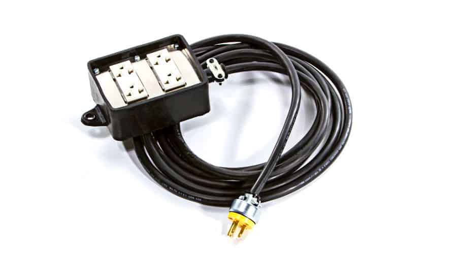 A heavy-duty extension cord isolated against a white background