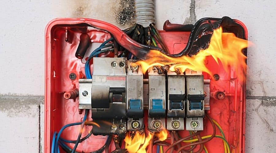 Close-up of a burning red switchboard