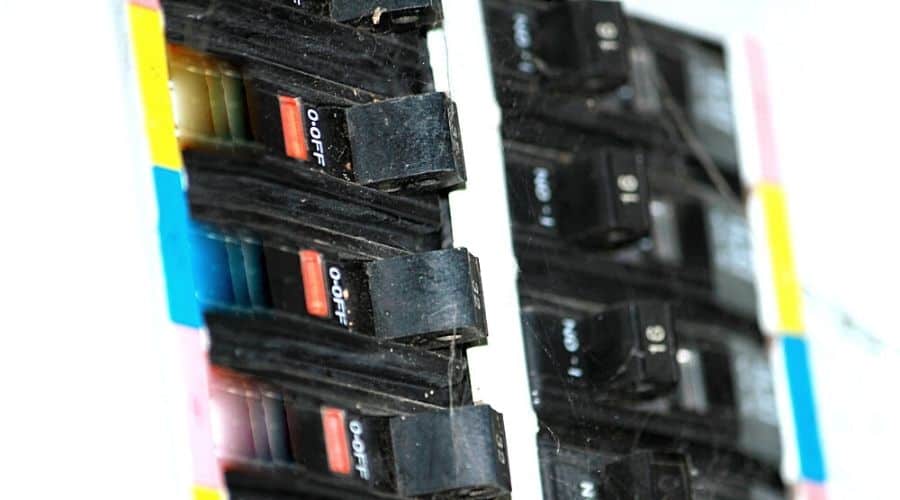 Close-up of a circuit breaker with multiple color labels