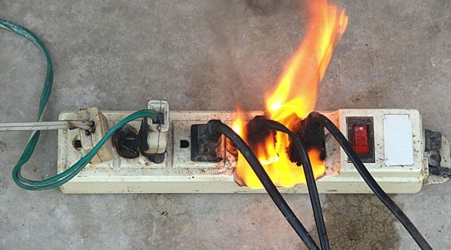 Overhead shot of a dirty power strip that has caught fire