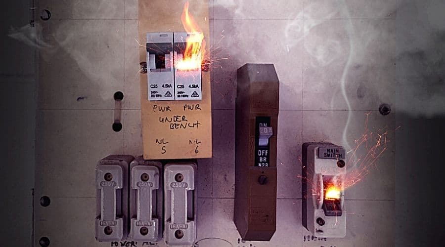 An older circuit breaker with sparks and smoke coming from multiple switches