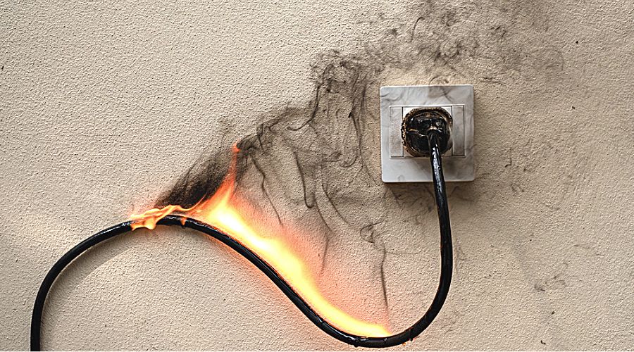 a burning electrical wire and socket